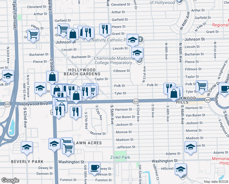 map of restaurants, bars, coffee shops, grocery stores, and more near 5511 Tyler Street in Hollywood