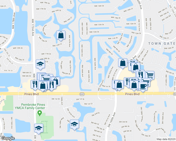 map of restaurants, bars, coffee shops, grocery stores, and more near 16501 Northwest 5th Street in Pembroke Pines