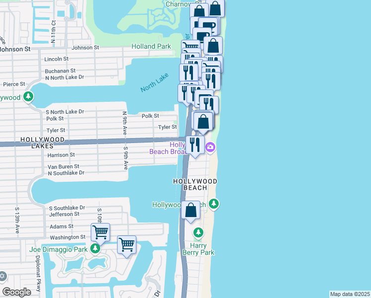 map of restaurants, bars, coffee shops, grocery stores, and more near 102 South Ocean Drive in Hollywood