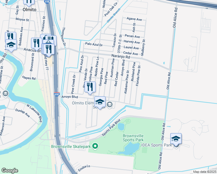 map of restaurants, bars, coffee shops, grocery stores, and more near 6932 Austrian Pine in Brownsville