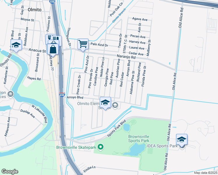 map of restaurants, bars, coffee shops, grocery stores, and more near 6932 Austrian Pine in Brownsville