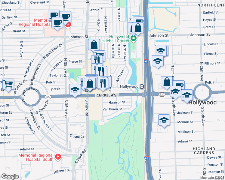 map of restaurants, bars, coffee shops, grocery stores, and more near 3156 Tyler Street in Hollywood