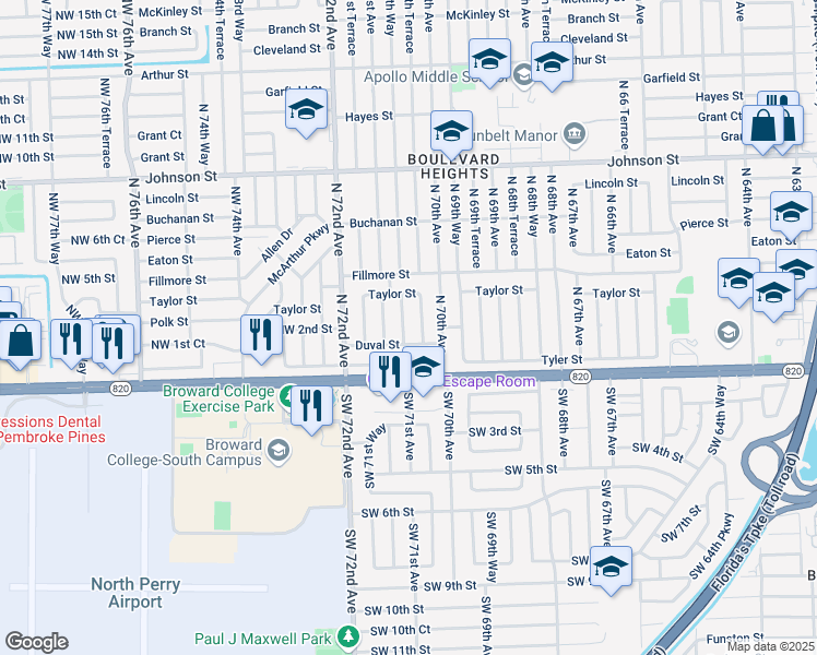 map of restaurants, bars, coffee shops, grocery stores, and more near 301 North 70th Way in Hollywood