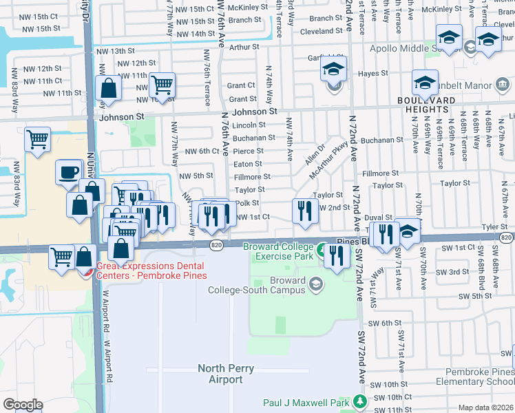map of restaurants, bars, coffee shops, grocery stores, and more near 7500 Polk Street in Hollywood