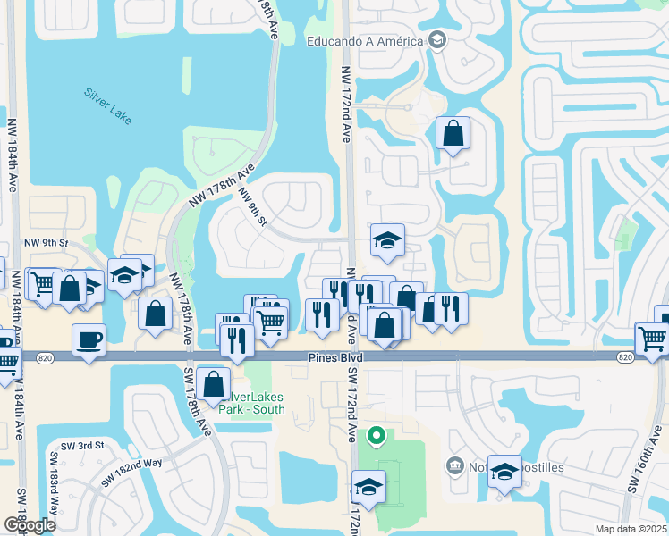 map of restaurants, bars, coffee shops, grocery stores, and more near 17214 Northwest 7th Street in Pembroke Pines