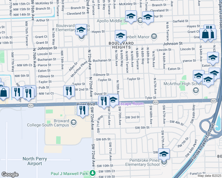 map of restaurants, bars, coffee shops, grocery stores, and more near 300 North 70th Terrace in Hollywood