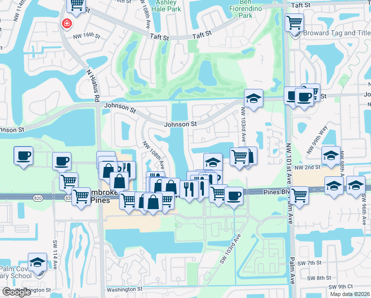 map of restaurants, bars, coffee shops, grocery stores, and more near 450 Northwest 106th Terrace in Pembroke Pines