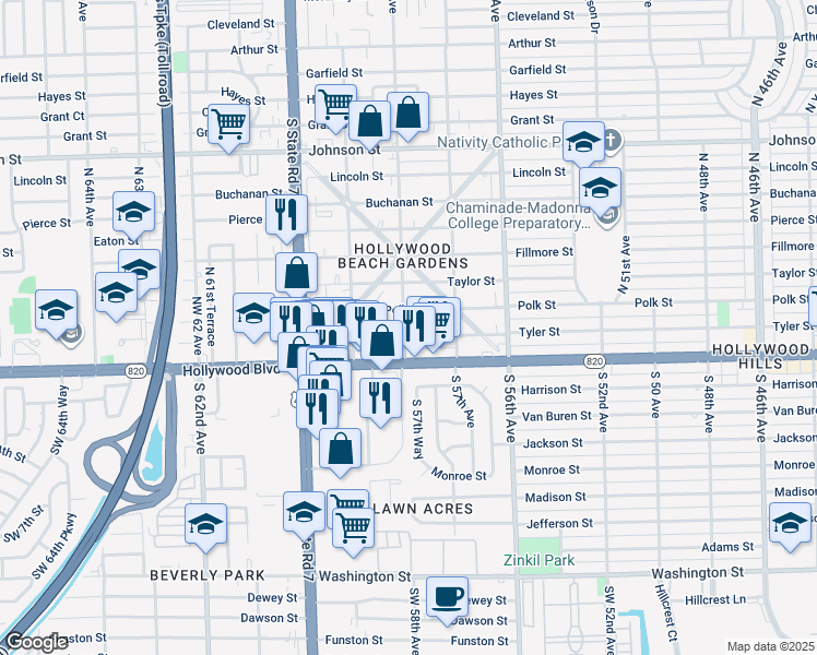 map of restaurants, bars, coffee shops, grocery stores, and more near 5751 Tyler Street in Hollywood
