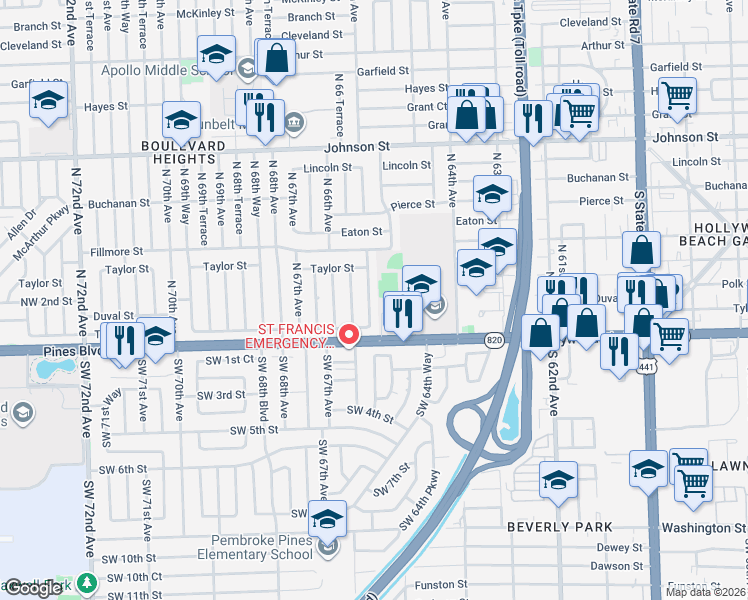 map of restaurants, bars, coffee shops, grocery stores, and more near 251 Northwest 65th Terrace in Hollywood