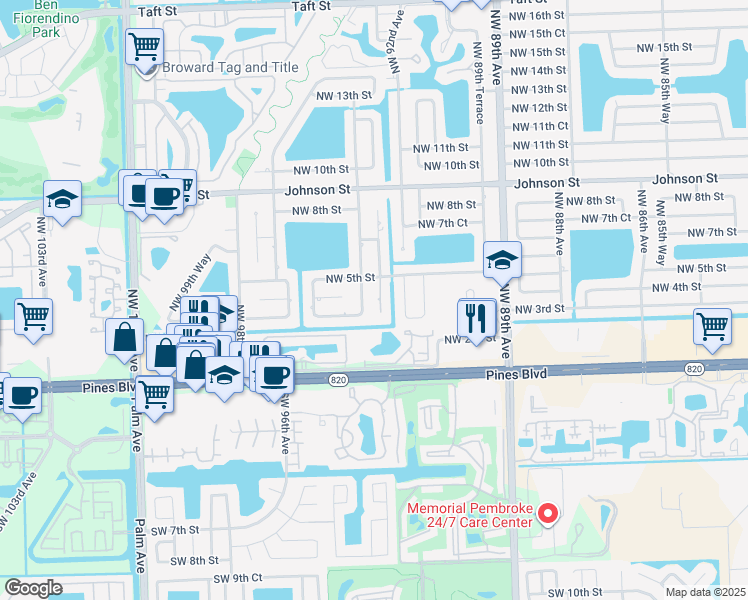 map of restaurants, bars, coffee shops, grocery stores, and more near 320 Northwest 93rd Avenue in Pembroke Pines