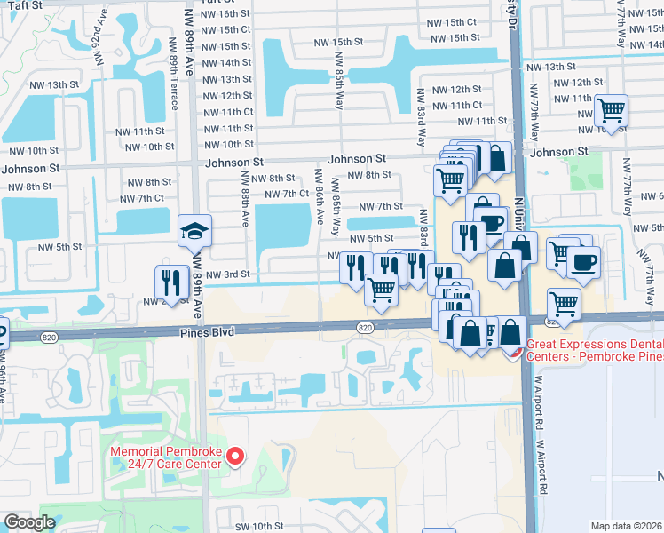 map of restaurants, bars, coffee shops, grocery stores, and more near 8581 Northwest 3rd Street in Pembroke Pines