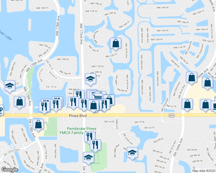 map of restaurants, bars, coffee shops, grocery stores, and more near 755 Northwest 170th Terrace in Pembroke Pines