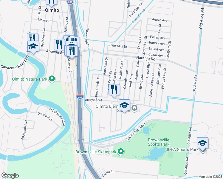 map of restaurants, bars, coffee shops, grocery stores, and more near 6525 Carolina Pine in Brownsville