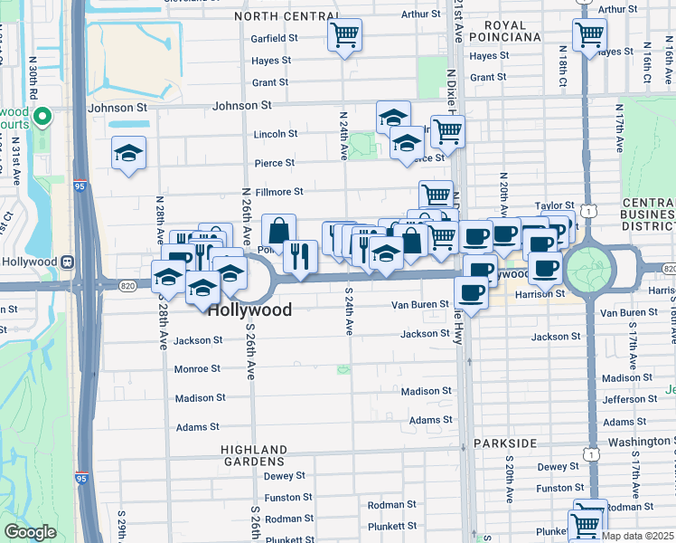 map of restaurants, bars, coffee shops, grocery stores, and more near 2425 Hollywood Boulevard in Hollywood