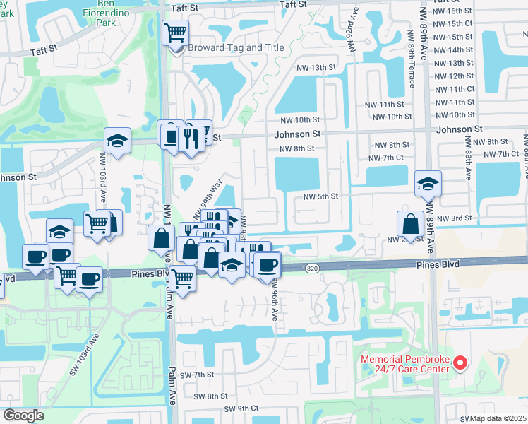map of restaurants, bars, coffee shops, grocery stores, and more near 9630 Northwest 4th Street in Pembroke Pines