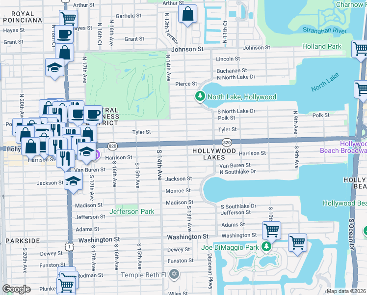 map of restaurants, bars, coffee shops, grocery stores, and more near 1308 Hollywood Boulevard in Hollywood