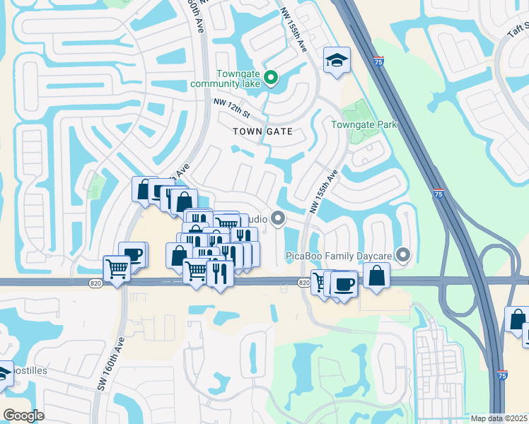 map of restaurants, bars, coffee shops, grocery stores, and more near 15759 Northwest 4th Street in Pembroke Pines
