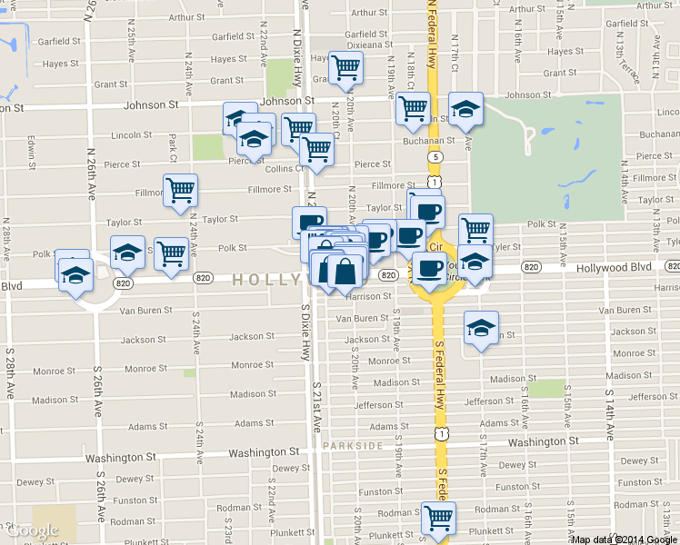 map of restaurants, bars, coffee shops, grocery stores, and more near 2035 Hollywood Boulevard in Hollywood