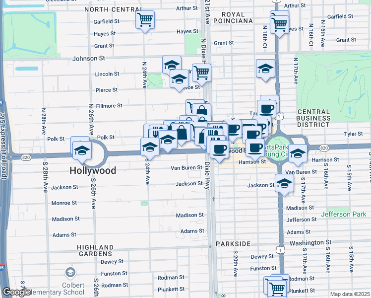 map of restaurants, bars, coffee shops, grocery stores, and more near 2205 Florida 820 in Hollywood