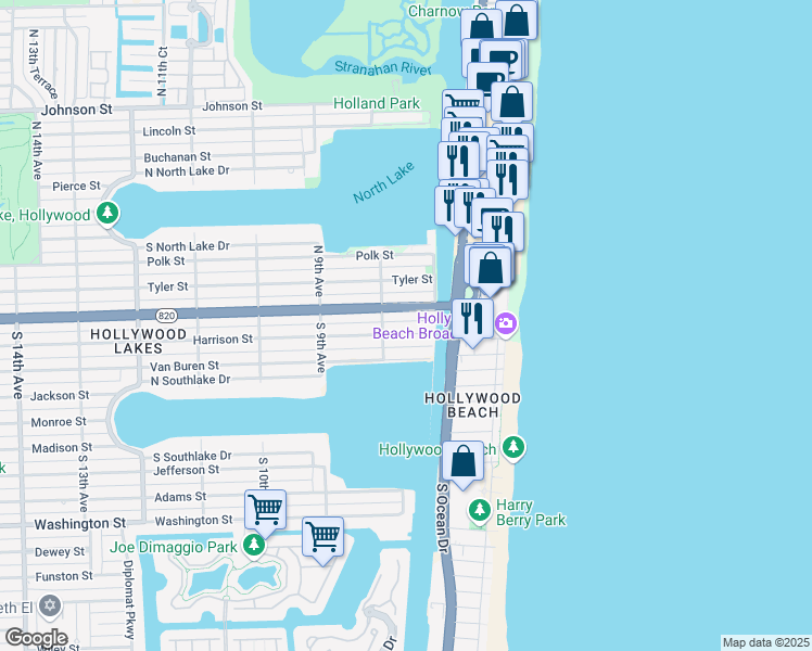 map of restaurants, bars, coffee shops, grocery stores, and more near 725 Harrison Street in Hollywood