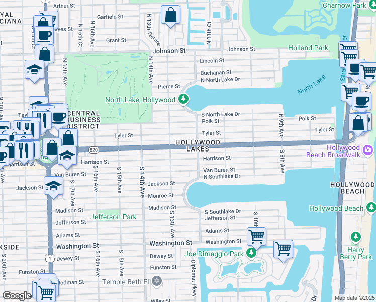 map of restaurants, bars, coffee shops, grocery stores, and more near 1230 Hollywood Boulevard in Hollywood