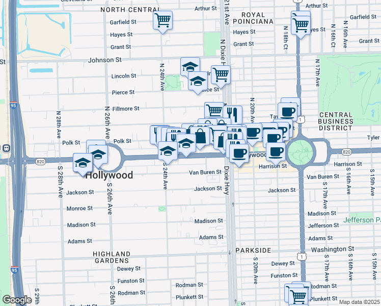 map of restaurants, bars, coffee shops, grocery stores, and more near 2239 Hollywood Boulevard in Hollywood