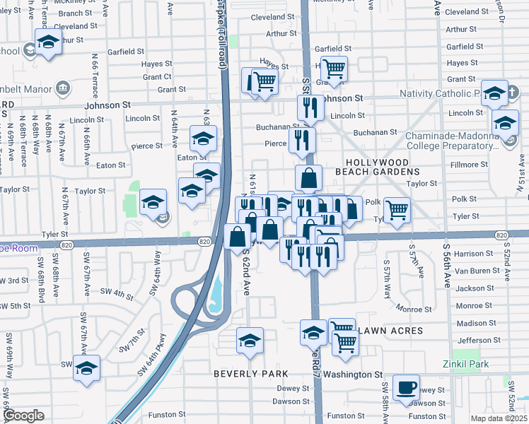 map of restaurants, bars, coffee shops, grocery stores, and more near 215 North 61st Terrace in Hollywood