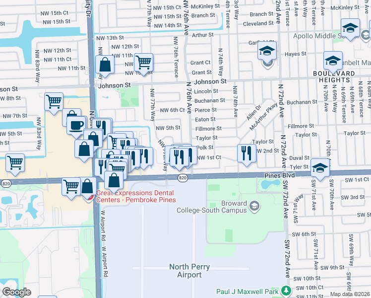 map of restaurants, bars, coffee shops, grocery stores, and more near 7641 Northwest 2nd Street in Pembroke Pines