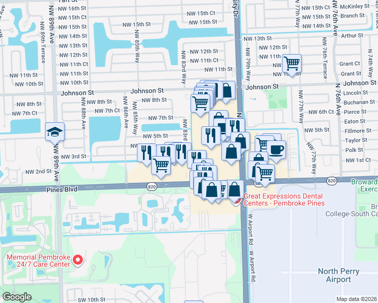 map of restaurants, bars, coffee shops, grocery stores, and more near 8341 Northwest 3rd Street in Pembroke Pines