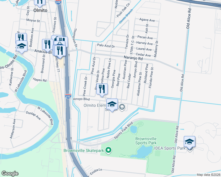 map of restaurants, bars, coffee shops, grocery stores, and more near 6657 Georgia Pine in Brownsville