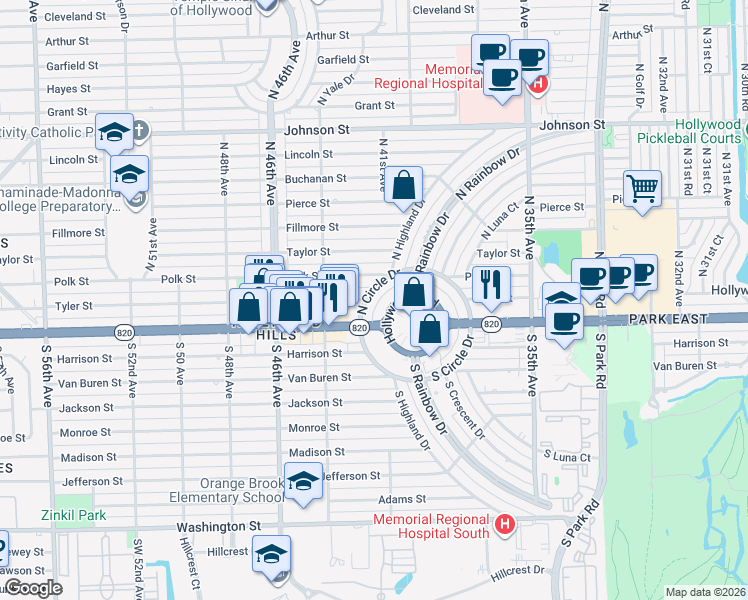 map of restaurants, bars, coffee shops, grocery stores, and more near 4122 North Circle Drive in Hollywood