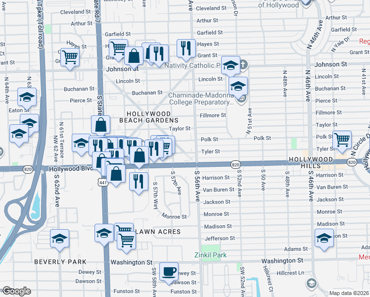map of restaurants, bars, coffee shops, grocery stores, and more near 205 Glenn Parkway in Hollywood