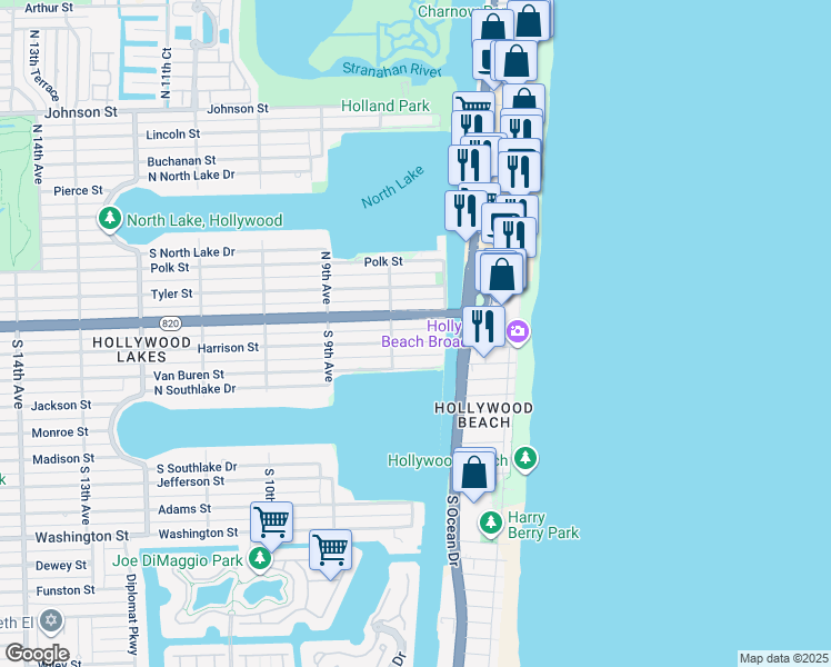map of restaurants, bars, coffee shops, grocery stores, and more near 725 Harrison Street in Hollywood