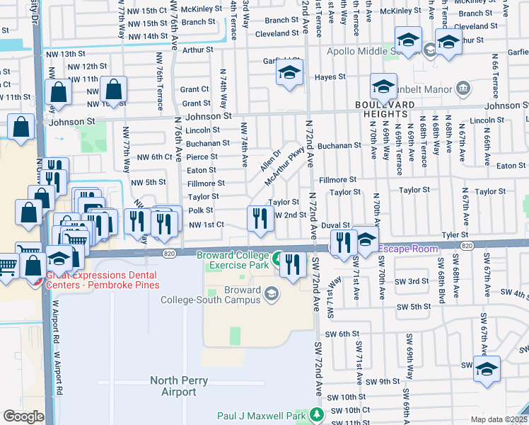 map of restaurants, bars, coffee shops, grocery stores, and more near 201 Northwest 73rd Terrace in Hollywood