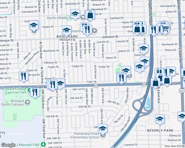 map of restaurants, bars, coffee shops, grocery stores, and more near 251 North 68th Avenue in Hollywood