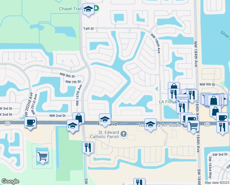 map of restaurants, bars, coffee shops, grocery stores, and more near 521 Northwest 193rd Avenue in Pembroke Pines