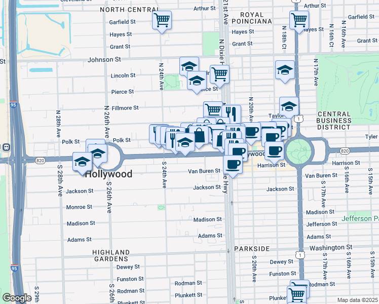 map of restaurants, bars, coffee shops, grocery stores, and more near 2239 Hollywood Boulevard in Hollywood