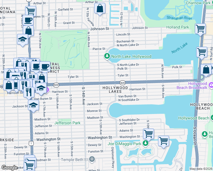 map of restaurants, bars, coffee shops, grocery stores, and more near 1230 Hollywood Boulevard in Hollywood