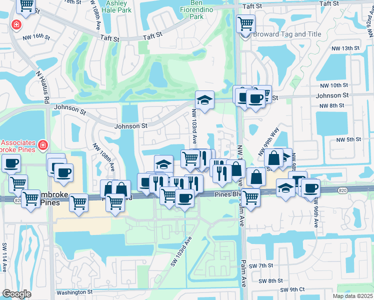 map of restaurants, bars, coffee shops, grocery stores, and more near 388 Northwest 103rd Terrace in Pembroke Pines