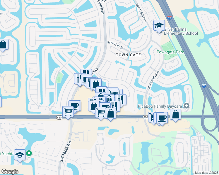 map of restaurants, bars, coffee shops, grocery stores, and more near 15899 Northwest 4th Court in Pembroke Pines
