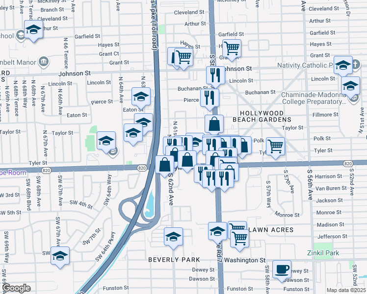 map of restaurants, bars, coffee shops, grocery stores, and more near 216 North 61st Avenue in Hollywood