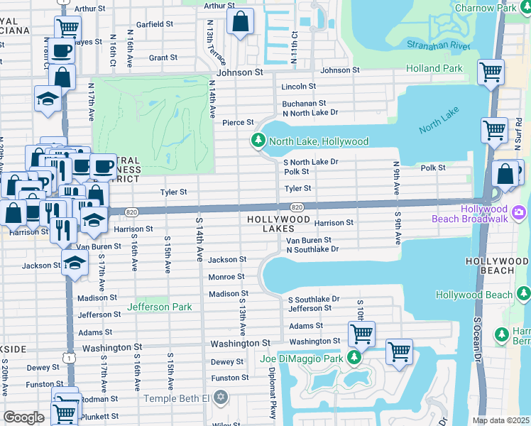 map of restaurants, bars, coffee shops, grocery stores, and more near 1230 Hollywood Boulevard in Hollywood