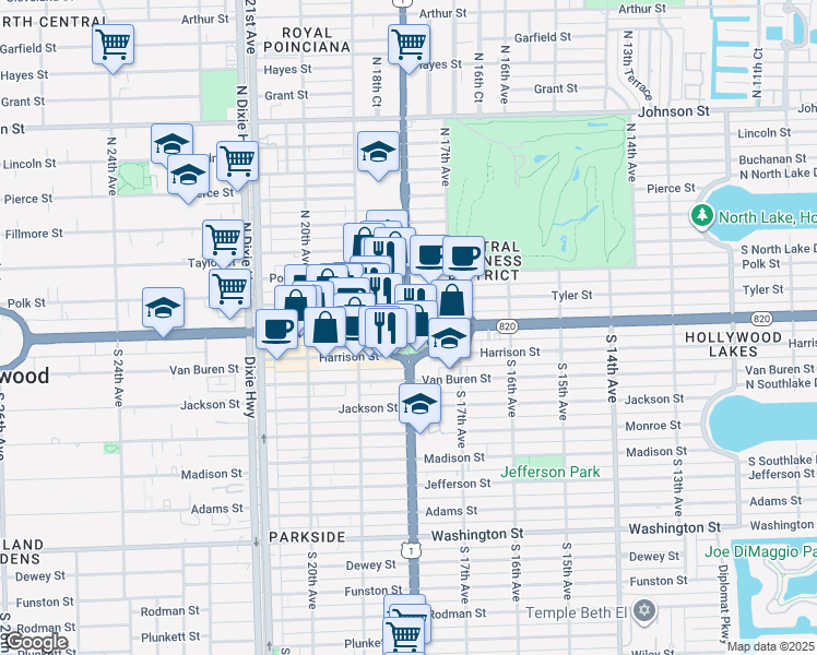 map of restaurants, bars, coffee shops, grocery stores, and more near 1733 E Young Cir in Hollywood