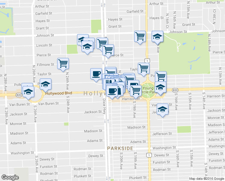 map of restaurants, bars, coffee shops, grocery stores, and more near 2027 Hollywood Blvd in Hollywood