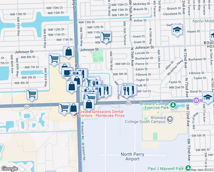 map of restaurants, bars, coffee shops, grocery stores, and more near 36 Northwest 78th Terrace in Pembroke Pines