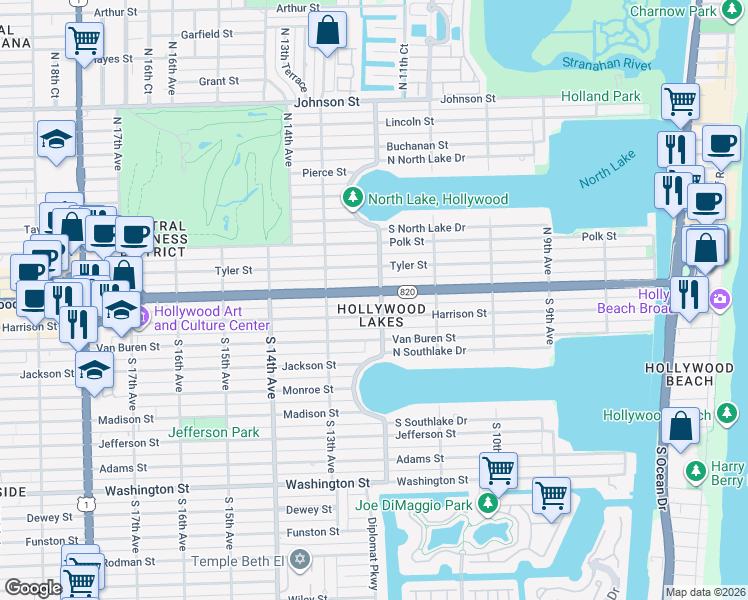 map of restaurants, bars, coffee shops, grocery stores, and more near 1156 Hollywood Boulevard in Hollywood