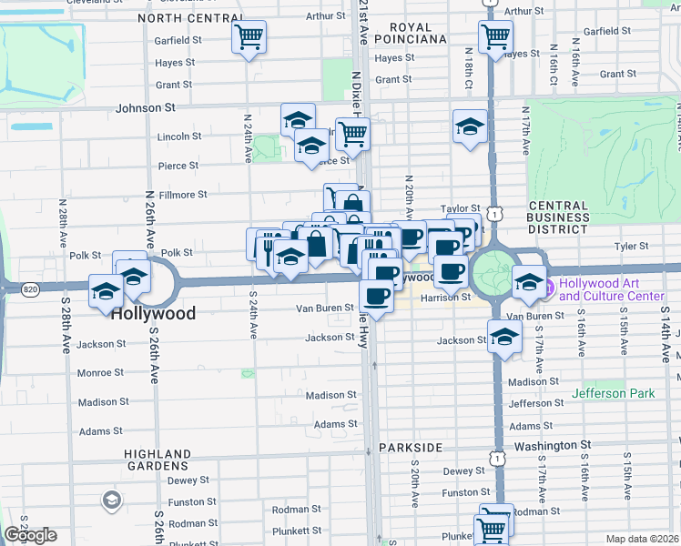 map of restaurants, bars, coffee shops, grocery stores, and more near 2205 Florida 820 in Hollywood