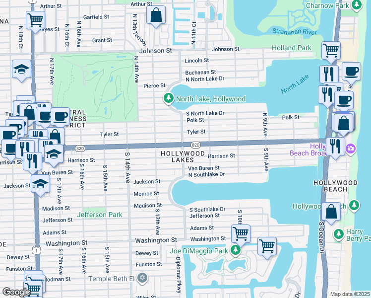 map of restaurants, bars, coffee shops, grocery stores, and more near 1156 Hollywood Boulevard in Hollywood