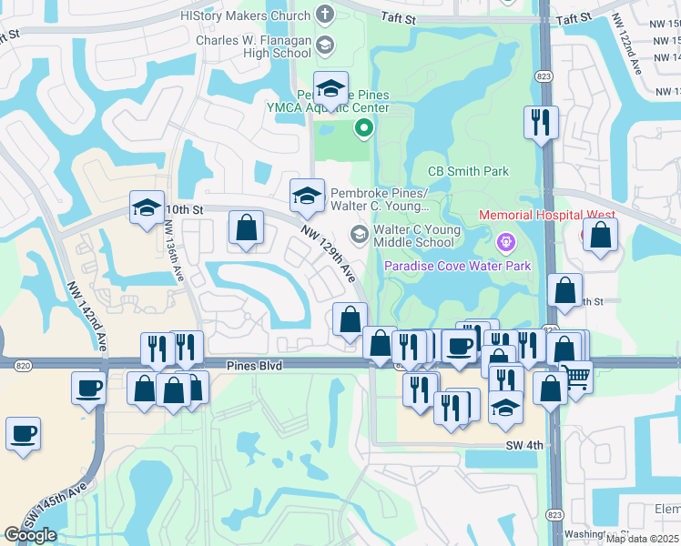 map of restaurants, bars, coffee shops, grocery stores, and more near 555 Northwest 129th Way in Pembroke Pines
