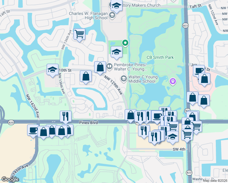 map of restaurants, bars, coffee shops, grocery stores, and more near 555 Northwest 129th Way in Pembroke Pines